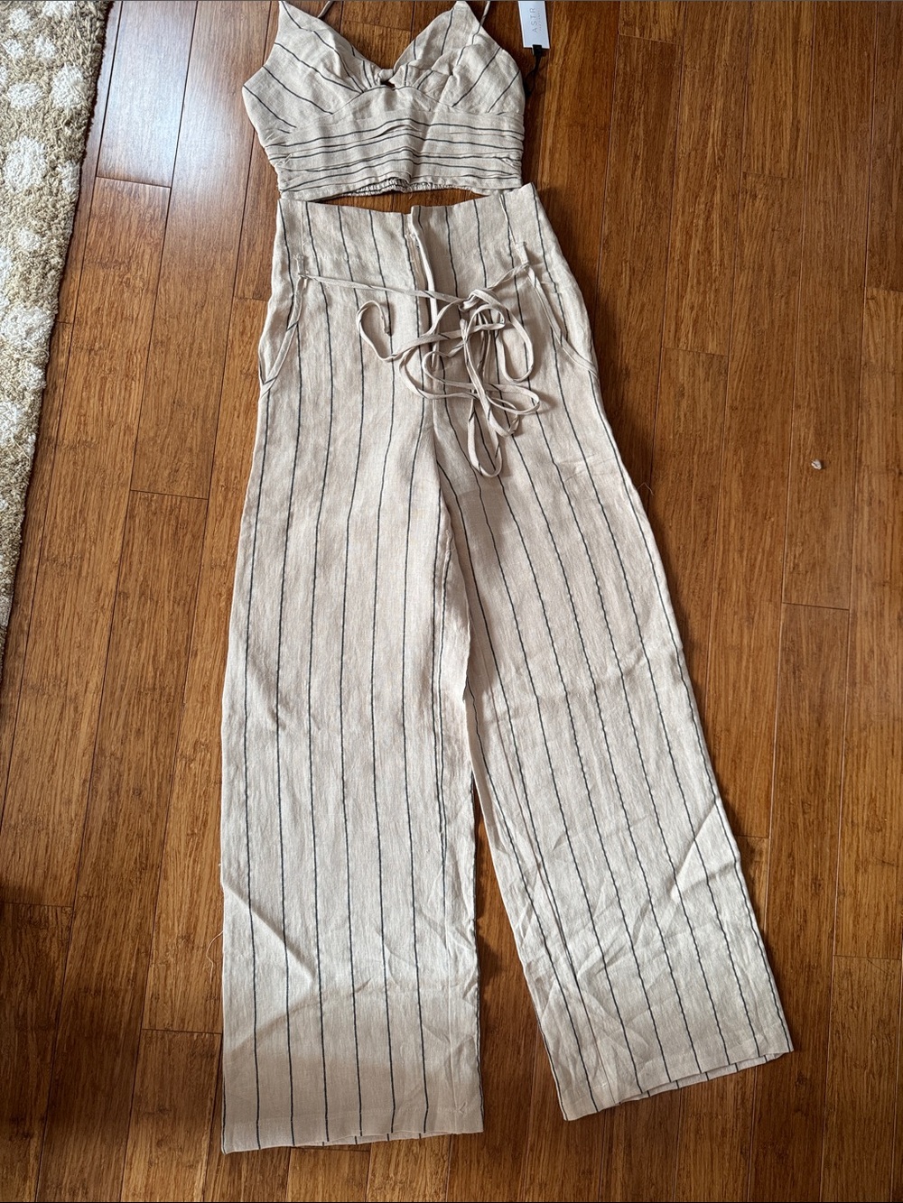 2pc Astr Beige Striped High-Waist Wide-Leg Linen Pants